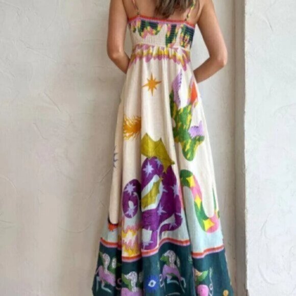 Bohemian A line Unique Print Smocked Back Midi Beach Dress XL - Picture 7 of 16